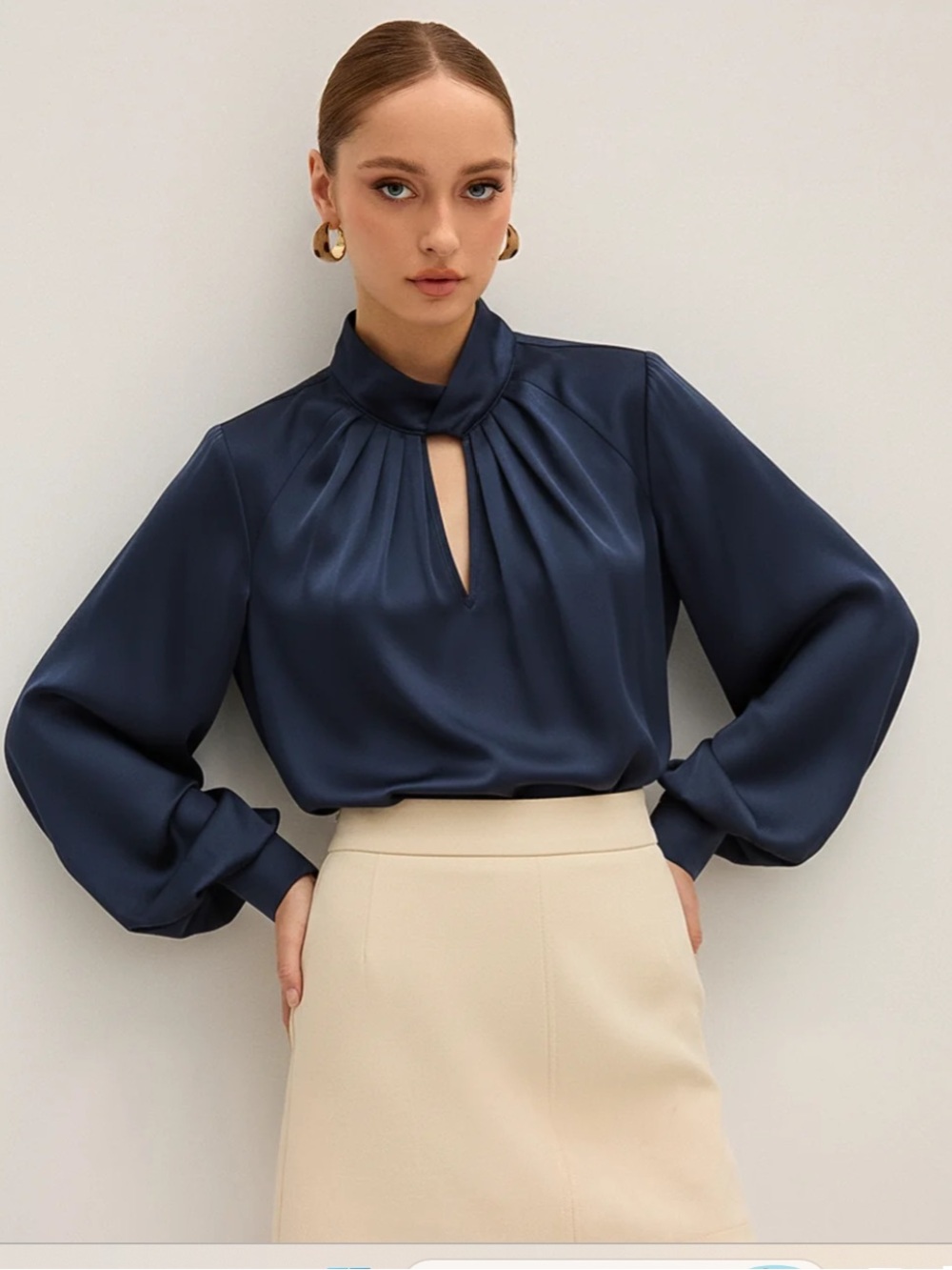 NWT Commense Keyhole Neck Bishop Sleeve Satin Blouse